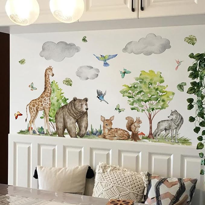Watercolor Jungle Animal Wall Decals - Tiger, Elephant, Giraffe, Zebra, Lion,Monkey- Forest Wall Decal for Baby's Room, Playroom, Bedroom, Classroom, Kindergarten Decor
