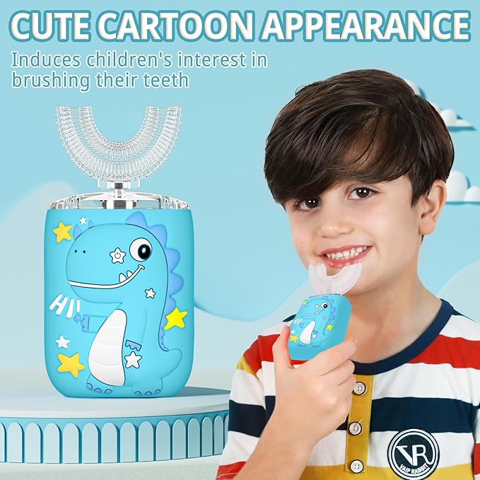 Kids Electric U Shaped Toothbrush,Kids Sonic Full Mouth Toothbrush with 4 Soft Brush Head Automatic Rechargeable 6 Cleaning Modes IPX7 Waterproof 360 Degree Cleaning - Age8-15 Blue