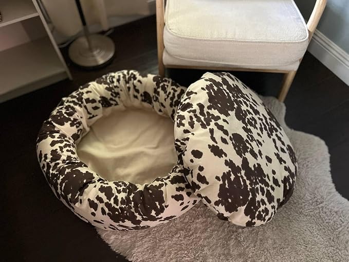Organic Cotton Canvas Dog Bed: Removable Cover, Natural Fill - Made in USA (Cow Print Brown White, X Large 42" x 8" inches)