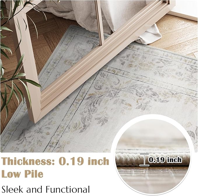 jinchan Vintage Floral 6x9 Area Rugs for Living Room - Machine Washable Distressed Design Soft Throw Rug Ultra-Thin Non-Slip Large Carpet for Bedroom Nursery Dining Room Home Office (6x9ft,Light Grey)
