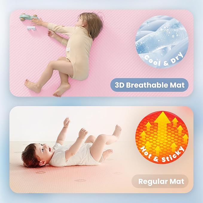 Baby Play Mat for Summer,1.3 Thick Memory Foam Cooling Floor Tummy Time Mat, Soft & Breathable, Non-Slip Rectangular for Toddlers’ Playtime & Rest(Pink,39"x59")
