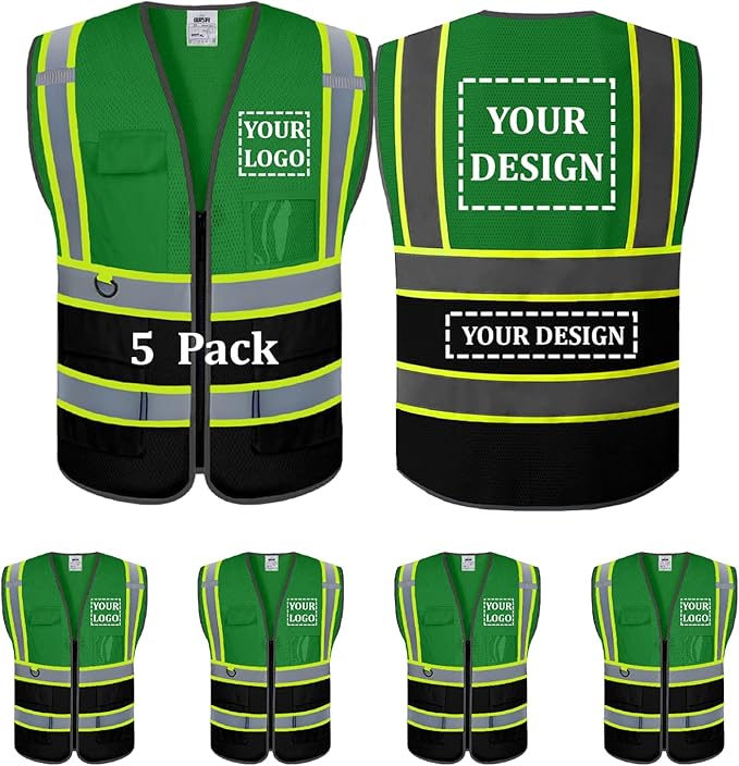 5 Pack Custom Safety Vest Customized Logo Mesh Vest Class 2 High Visibility Reflective Vest with Pockets Workwear（Green Black，S ）