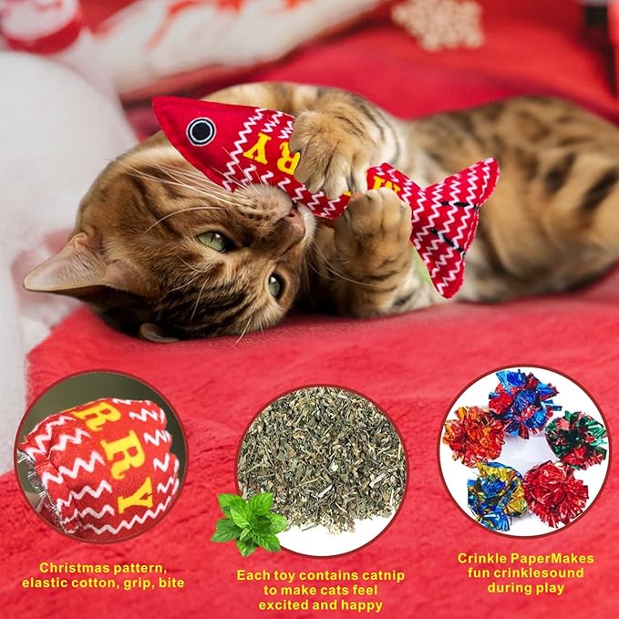 Idepet 6 Pcs Christmas Cat Toys Catnip Xmas Plush Santa Claus Tree Interactive Chew Bite Crinkly Sound Toys for Indoor All Breeds Cats Exercise ﻿