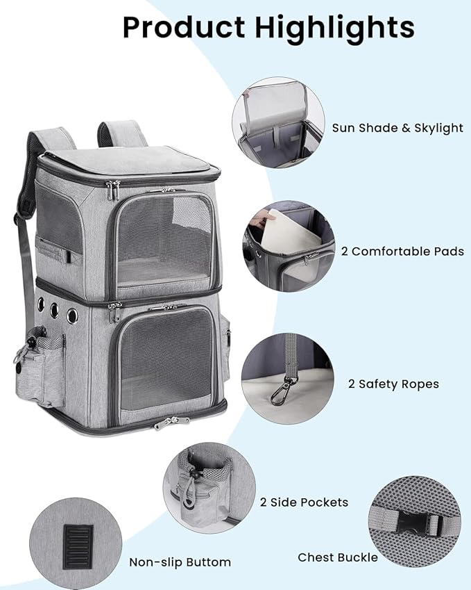Double-Compartment Pet Carrier Backpack for Small Cats and Dogs, Cat Travel Carrier for 2 Cats, Perfect for Traveling/Hiking/Camping, Grey