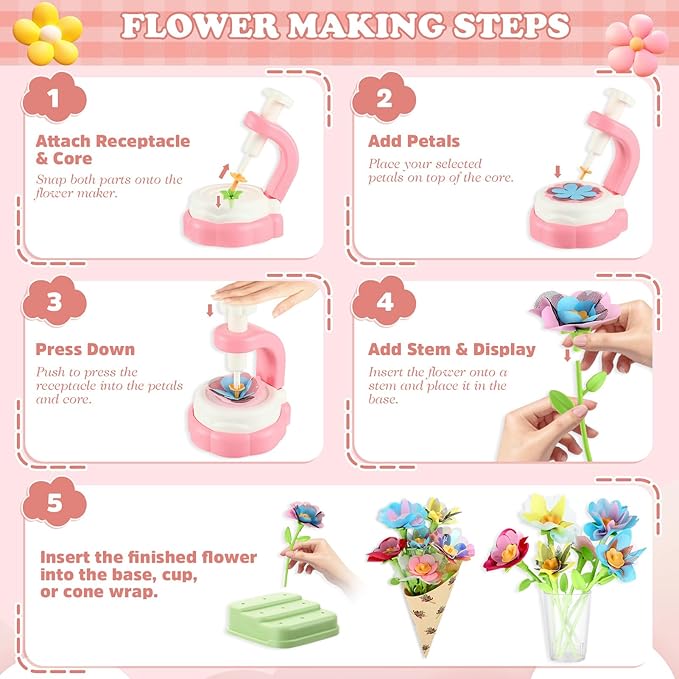 VoyCliza Flower Craft Kit for Girls Ages 4-8 – DIY Bouquet Maker Toy with Wrapping Paper, Creative Art Birthday Gift for Kids, Educational Craft Toys for Girls Age 5 6 7