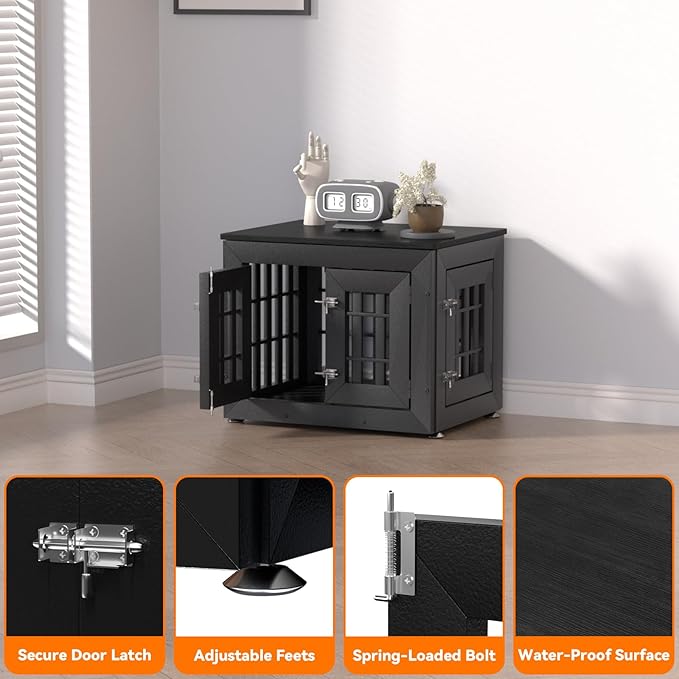 26" Heavy Duty Dog Crate Furniture for Small,Medium and Large Dogs,Rustic Wooden Dog Cage Kennel Indoor Furniture with Waterproof Top,Decorative Pet House Side End Table (Black)
