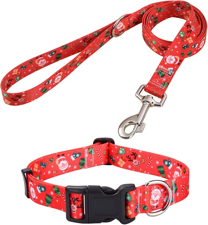 Christmas Dog Collar and Leash Set - Premium Adjustable Dog Collar for Small Medium Large Dogs (Christmas Set,XS)