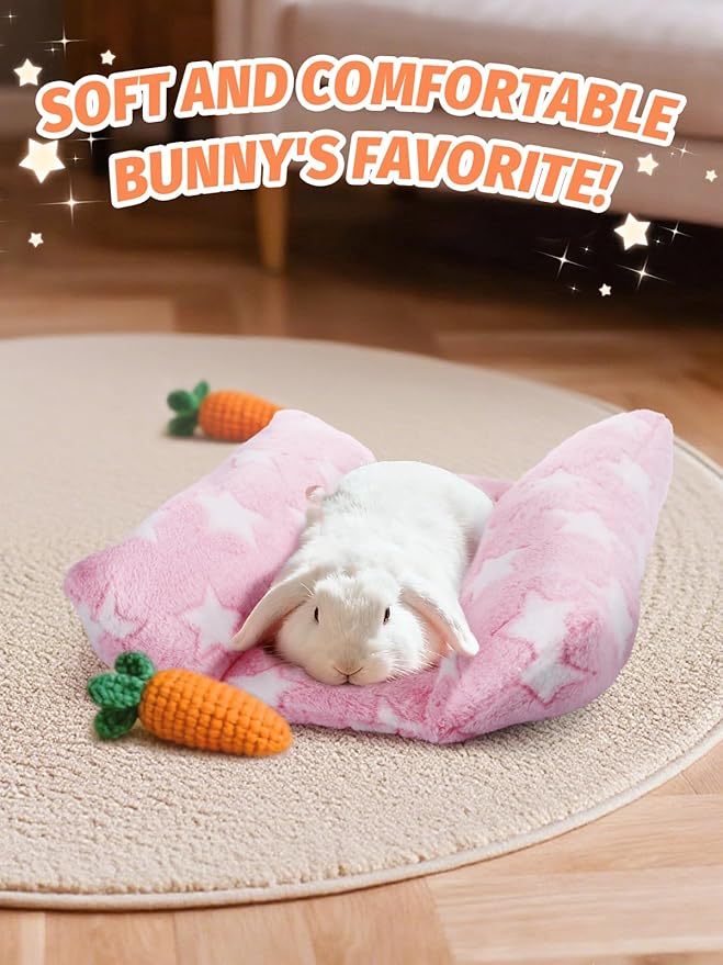 Soft Bunny Bed - 15.7" x 14" Rabbit Bed, Warm Cuddle Cushion Plush Mat for Guinea Pig, Ferret, Small Animal, Pink Stars