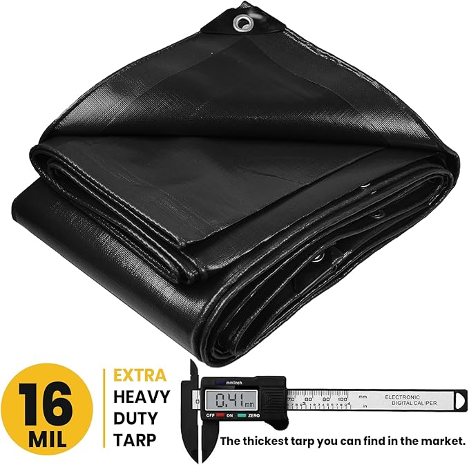 PROTARP Extra Heavy Duty 16 Mil Tarp Cover, Waterproof, UV Resistant, Rip and Tear Proof, Poly Tarpaulin with Reinforced Edges for Roof, Camping, Patio, Pool, Boat. (Black 24′ X 36′)