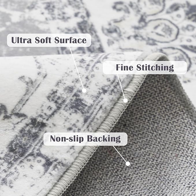 jinchan Round Rug 8ft Area Rug - Grey Vintage Floor Mat Kitchen Indoor Ultra-Thin Soft Floral Print - Washable Circle 8' Retro Accent for Farmhouse Non Slip Dining Room Living Room Bedroom Office