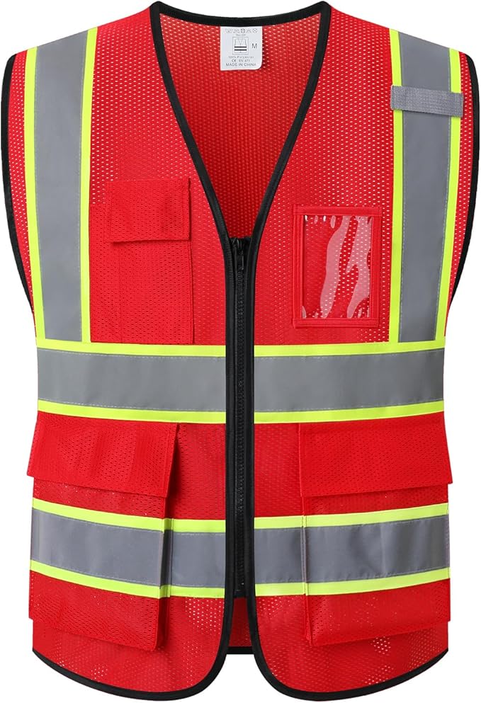 Reflective Mesh Safety Vest for Men Women with 5 Pockets and Zipper Front High Visibility Vest Hi Vis Construction Work Vest,Meets ANSI/ISEA Standards(EK175-Red-2XL)