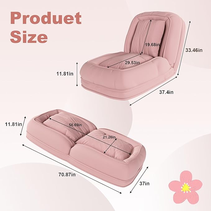 Adjustable 5-Position Human Dog Bed for People, Big Comfy Plush Floor Gaming Lazy Sofa Chair with Pillows & Back Support, Foldable Lounge Loveseat Couch for Living Room Bedroom (Pink①)