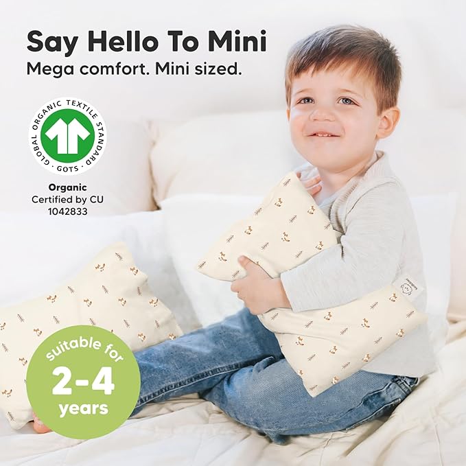 Mini Toddler Pillow with Pillowcase - 9x13 My Little Dreamy Travel Kids Pillow for Sleeping, Toddler Bed, Small, Tiny, Organic Cotton Pillowcase, Soft & Breathable, Kids 2-4 Years Old (Fox Tales)