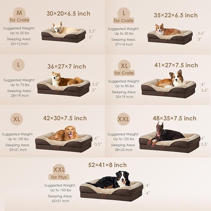 EHEYCIGA Orthopedic XL Dog Bed for Large Sized Dog, 48x35x7.5 Inch Extra Large Memory Foam Dog Couch Bed with Sides, Waterproof Liner & Washable Removable Cover, Bolster Pet Sofa, Brown