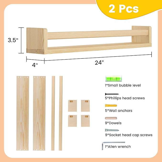 Fun Memories Nursery Book Shelves, 24Inch Floating Shelf for Wall, Wall Bookshelf for Kids Solid Wood Wall Mounted Shelves for Books,Toys and Decor Storage, Set of 2