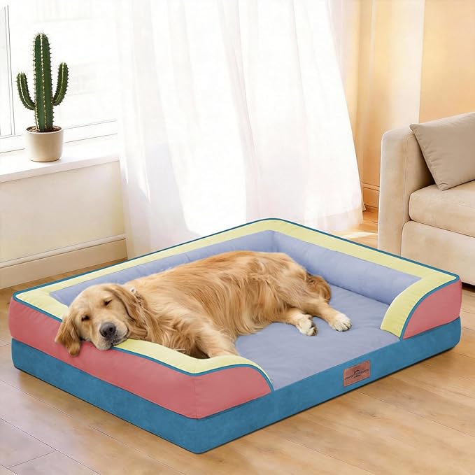 Comfort Expression Orthopedic Dog Bed for Large Dogs 36x27 Inch, Waterproof Egg Crate Foam Large Pet Bed with Removable Bolsters, Dog Couch with Washable Cover & Non-Slip Bottom, Funfetti Fiesta