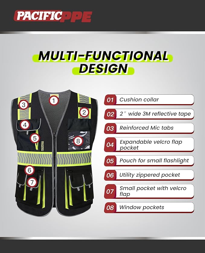 PACIFIC 10 Pockets Class 1 Safety Vest for Men, 3M High Visibility Reflective Strips, Meets ANSI/ISEA Standard, Black, XX-Large