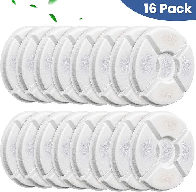 Cat Fountain Filter, 16 Pcs Cat Water Fountain Filters Replacement Dia is 5", 3-Filtration System Round Carbon Filters Compatible with 81oz / 2.4L Round Automatic Pet Dog Water Fountain Dispenser