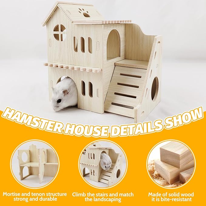 Hamster House with Slide, Double-Decker Hut, Guinea Pig Castle, Small Animal Habitat Decor