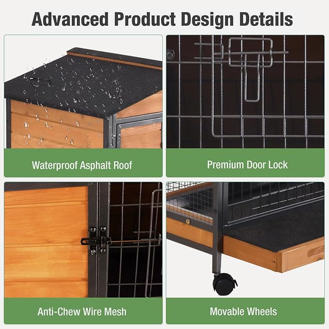 Indoor Rabbit Hutch with Metal Frame & Pull-Out Tray - Spacious Cage with Exercise Run Area for Rabbits (Orange, L)