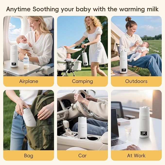 Portable Bottle Warmer for Travel, Detachable Baby Bottle Warmer Portable for Breastmilk Formula, Fast Heating & Long time Temp Keep, Rechargeable, Healthy for Baby on Journey, Car, Airplane
