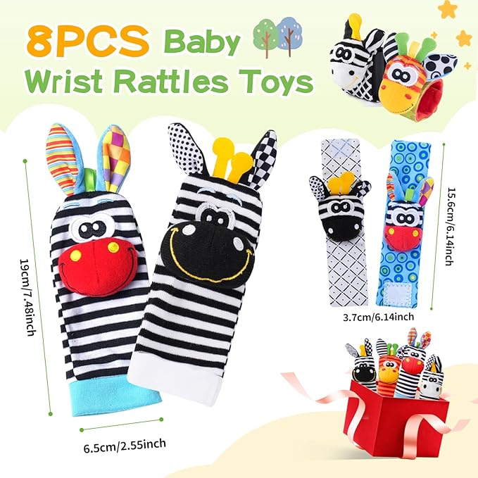 Baby Toys 0-6 Months,High Contrast Baby Toys for Newborn, 8 Pcs, Animal Wrist & Foot Rattles Socks Set, Sensory Rattle Toys for 0-12 Months, Babies Boy Girl Gifts