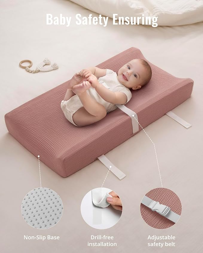 Blissful Diary Muslin Baby Changing Pad with Waterproof Lining Foam, Diaper Changing Table Pad with Cover for Dressers (Dusty Pink, Rectangular)