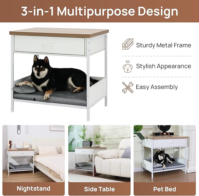 Multi-Functional Dog Bed End Table with Storage Drawer, Open Design Pet Bed with Removable Washable Cushion, Comfortable Resting Spot for Small & Medium Dogs, Indoor Use (White)