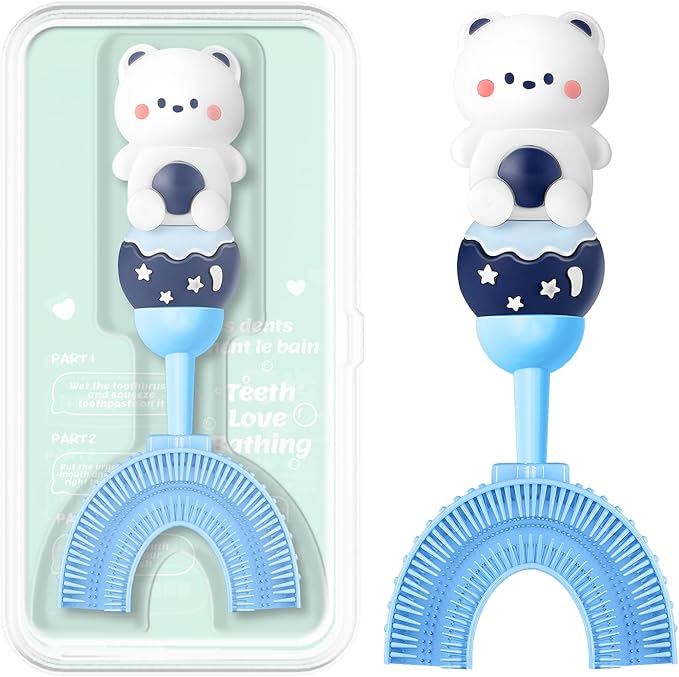 U-Shaped Toothbrush for Kids Ages 2-7， Soft Food-Grade Silicone for Sensitive Gums， 360° Teeth Cleaning Design，Training & Travel-Friendly Toddlers' Toothbrush (Blue)