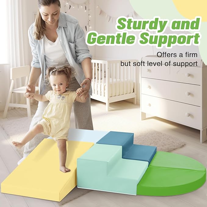 6-Piece Soft PU Leather Toddlers Climbing Toys, Baby Foam Climbing Blocks for Toddlers 3, Foam Play Gym Climbing Structures, Indoor Climb and Crawl Activity Play Set (Light Blue and Green)