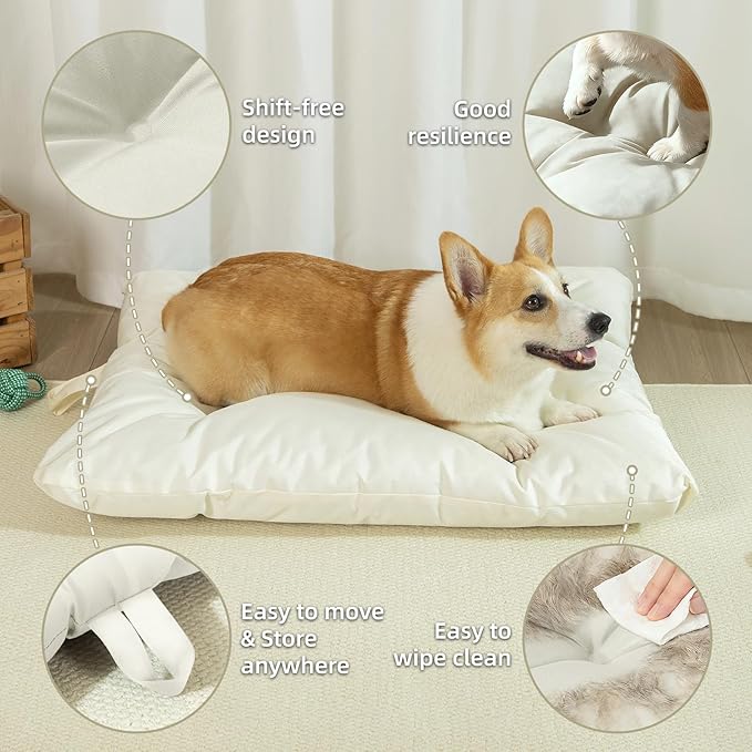 Chew Resistant Dog Bed for Medium Dogs - Durable 35"x22" Kennel Pad with Soft Plush Filling, Machine Washable Crate Mat for Aggressive Chewers, Indoor Outdoor Pet Bed, Beige