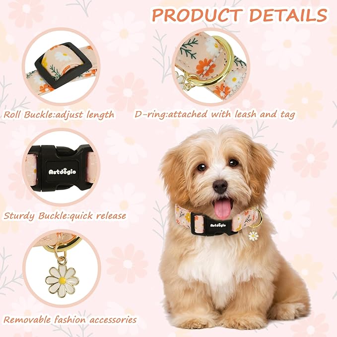 Dog Collar for Extra Small Dogs, Spring &Summer Theme Orange Small Dog Collars with Flower Pattern, Adjustable Puppy Dog Collars, Cute Girl or Boy Dog Collar Ideal for Gifts,Pet Accessory,XS