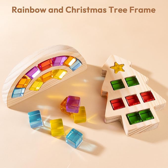 Wooden Building Blocks Set for Kids, Rainbow & Tree Shaped Wood Frame - 24 PCS Rainbow Gem Cubes Stacking Blocks, Montessori Stacking Toy for Toddlers, Early Learning Gifts for Boys Girls 3-6