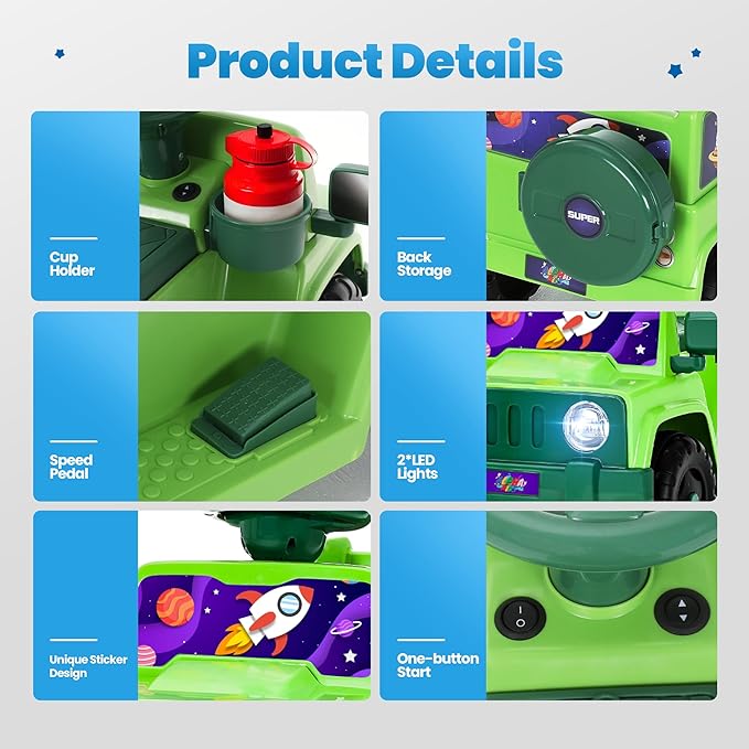 6V Toddler Ride On Car Interactive Electric Car with Horn LED Front Light Rear Storage Stellar Galaxy Theme Perfect for Boys & Girls 18+ Months Safe & Fun for Little Explorers(Green Space)