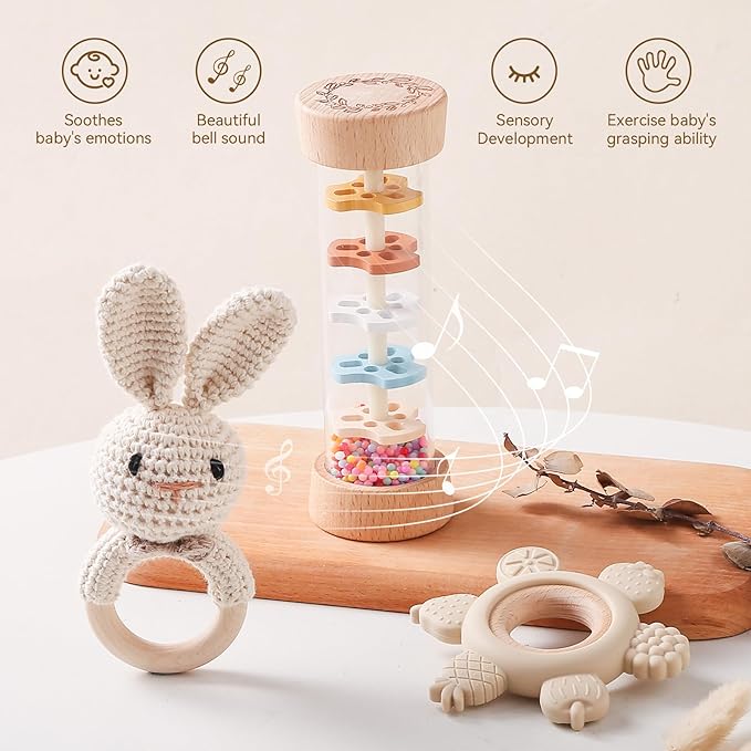 Youuys Wooden Baby Rattle Set (3pcs) - Crochet Rattle Rain Stick Teething Toys, Wooden Montessori Toy for Newborn Infant Baby Rattles Set Toys 3-6-12 Months (Bunny)
