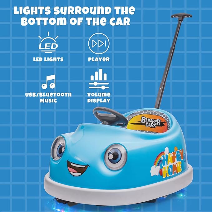 12V Dual Battery Electric Ride on Kids Bumper Car w/Remote Control,360 Degree Spin,Push Rod Rocker Horse Function,3-Speeds Babies & Toddlers Bumping Car Ride on Toy Gift for 1-4 Years Children (Blue)