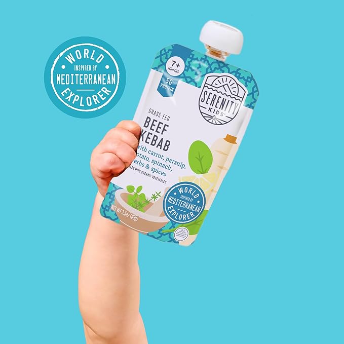 Serenity Kids 7+ Months World Explorers Beef Kebab Baby Food Pouches - Grass-Fed Beef & Organic Veggies - BPA-Free Baby Snack - Ages 7+ Months - 3.5 Oz 6 Pack