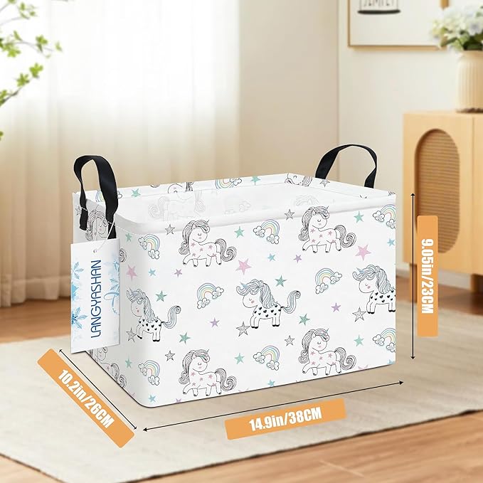 LANGYASHAN Rectangular Storage Bin Collapse Canvas Fabric Cartoon Storage Basket with Handles for Organizing Home Kitchen Boys and Girls Toys Office Closet Shelf Baskets (Rec Rainbow Unicorn)