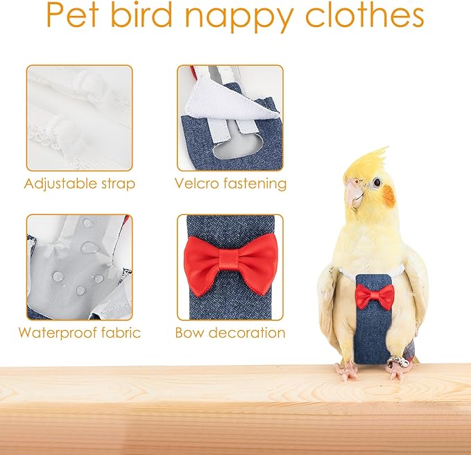 Parrot Flight Suit with Adjustable Straps & Diaper Harness - Bird Diaper with Elastic Training Rope, 1PCS, Denim Blue, S-Code