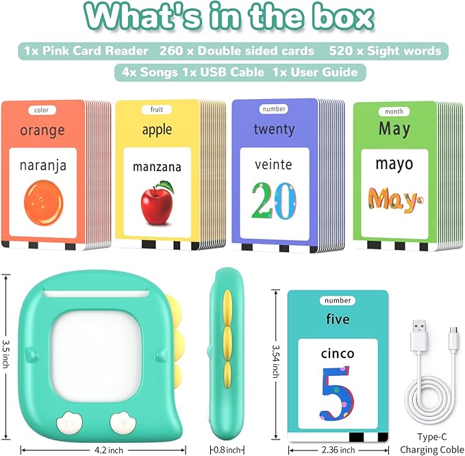 Kidzdo Talking Flashcards for Toddlers, 520 Bilingual English Sight Words Educational Learning Toy, Birthday Xmas Gift for Kids 2-6, Pocket Speech Therapy Toys