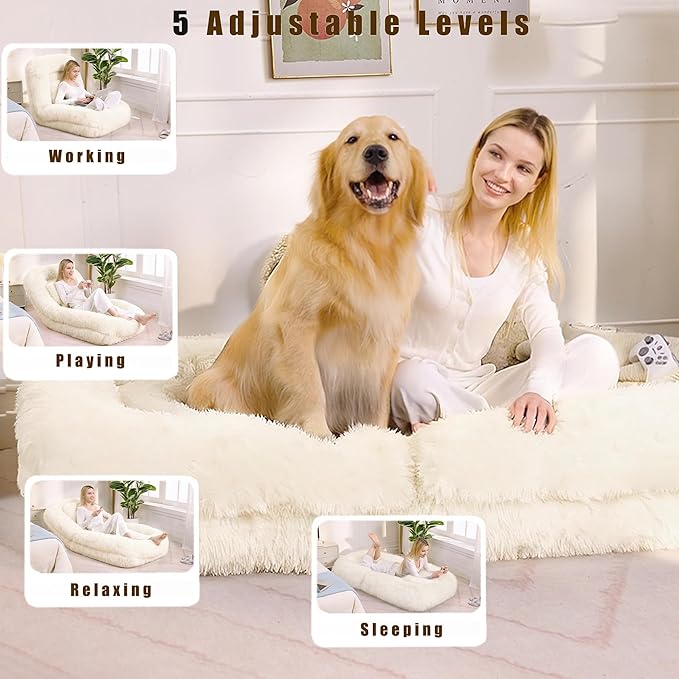 Beige Foldable Human Dog Bed - 69"x35"x12" Fits You & Pets with Comfy Pillow, Washable Faux Fur, Oversized Lounger Lazy Sofa Beds with 5 Adjustable Position