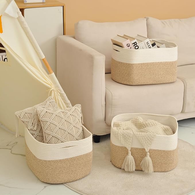 Large Storage Baskets for Organizing Shelves, Woven Cotton Rope Bins for Baby Nursery Organization, Book Toy Towel Organizer, 17"x13"x9.5", 3 Packs, Off White & Brown