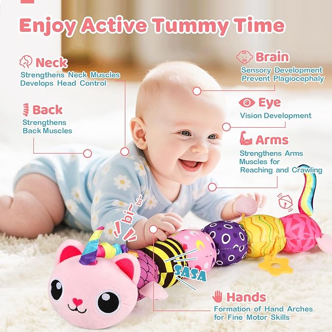 Baby Sensory Toys 0-6 6-12 Months, Musical Animal Stuffed Plush Unicorn Cat Toy for Infant 0-3-6 Months & Up, Tummy Time with Mirror Crinkle Rattle, Christmas Baby Shower Gifts for Newborn Boys Girls