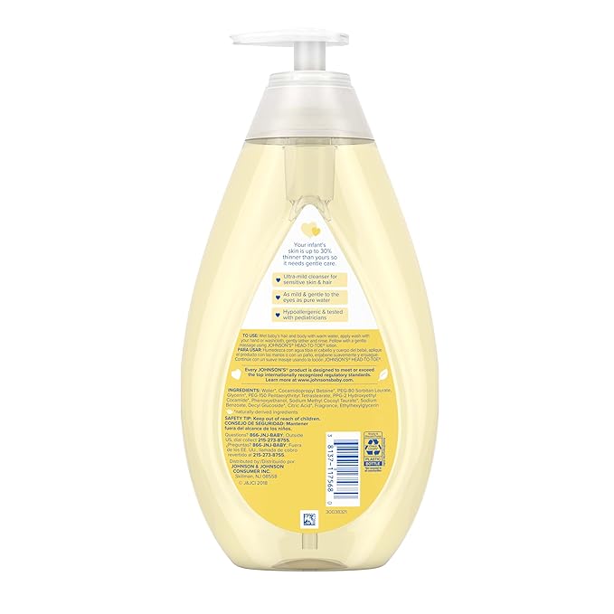 Johnson's Head-to-Toe Gentle Tear-Free Baby & Newborn Wash & Shampoo, Sulfate-, Paraben- Phthalate- & Dye-Free, Hypoallergenic Wash for Sensitive Skin & Hair, 27.1 fl. Oz (Pack of 2)