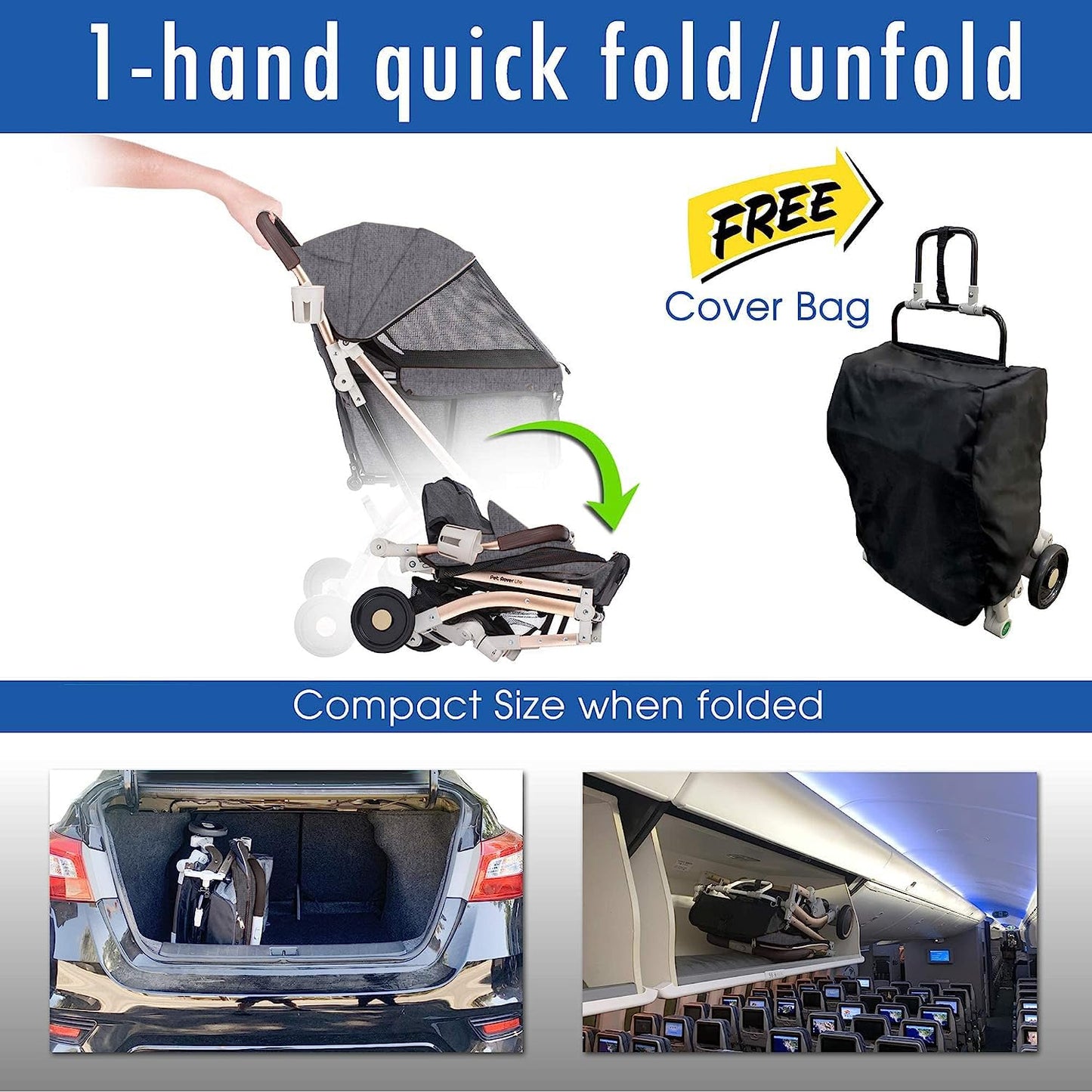 HPZ-PR America Pet Rover Lite Premium Light-Weight Dog/Cat/Pet Stroller Travel Carriage with Convertible Compartment/Aluminum Frame for Small & Medium Pets (Gray 2nd-Gen.)
