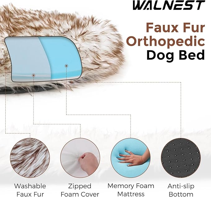 63 Inch Faux Fur Dog Bed for Large/Medium Dogs Orthopedic Beds with Fluffy Faux Fur & Soft Memory Foam for Joint Pain Relief, Machine Washable and Waterproof Dog Couch Beds White with Brown ﻿