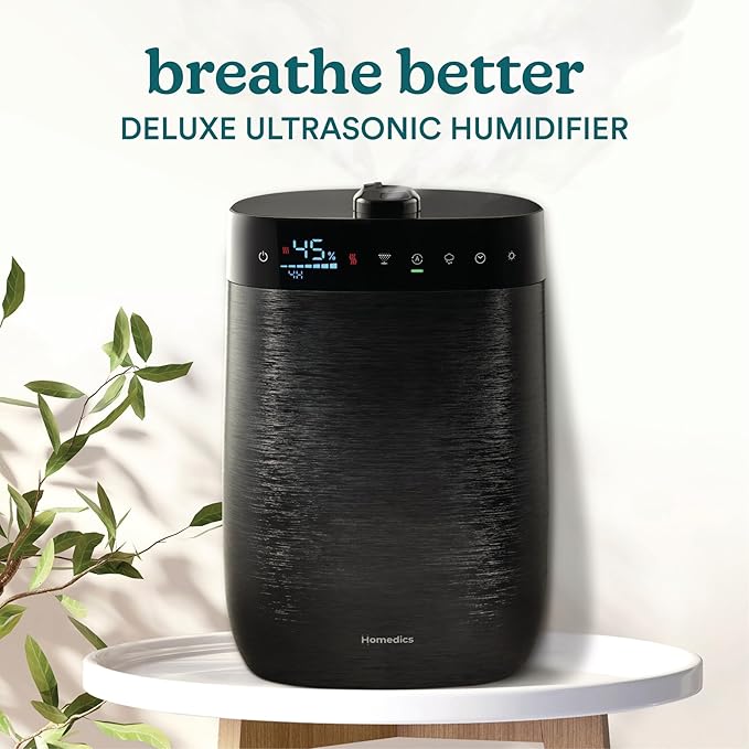Homedics Deluxe Ultrasonic Humidifier for Large Rooms, Warm or Cool Mist, UV-C Technology, 1.5-Gallon Top Fill Tank, Smart Digital Programmable Humidistat, Home Dry Air Relief, Aromatherapy