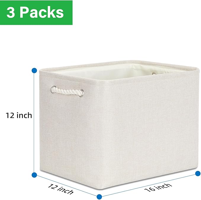 Bidtakay Large Storage Baskets for Shelves 3 Pack Fabric Storage Bins for Organizing Linen Collapsible Organizer for Closet-Light Biege