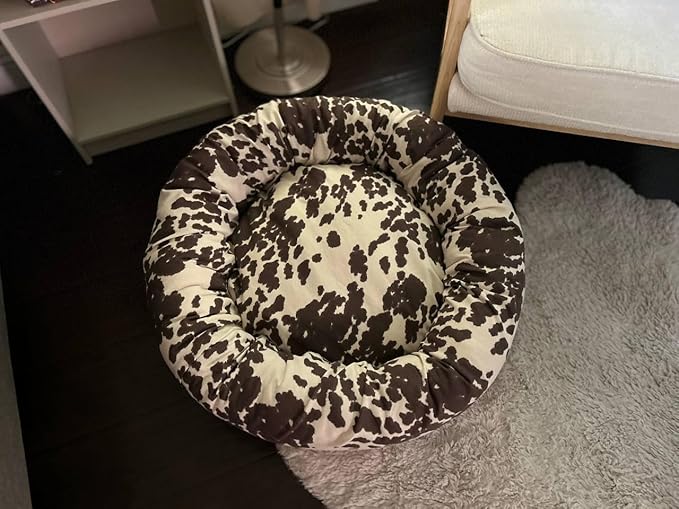 Organic Cotton Canvas Dog Bed: Removable Cover, Natural Fill - Made in USA (Cow Print Brown White, X Large 42" x 8" inches)