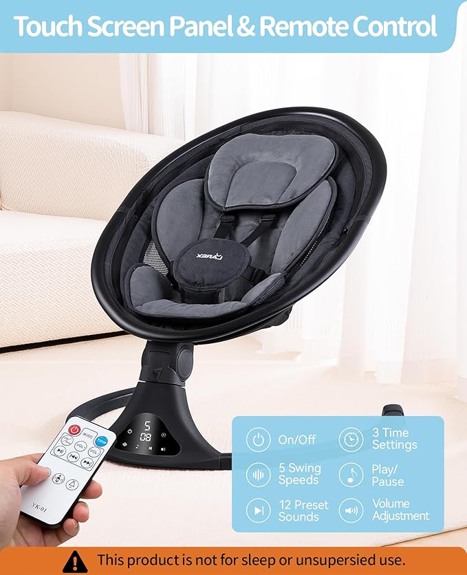 LAREX Baby Swing to Toddler Electric Infant Swing Portable for Newborn Boy Girl, 5 Sway Speeds with Remote Control, 12 Preset Melodies and Bluetooth, 0-6 Months Max 20 Lbs (2024 Model-Black)